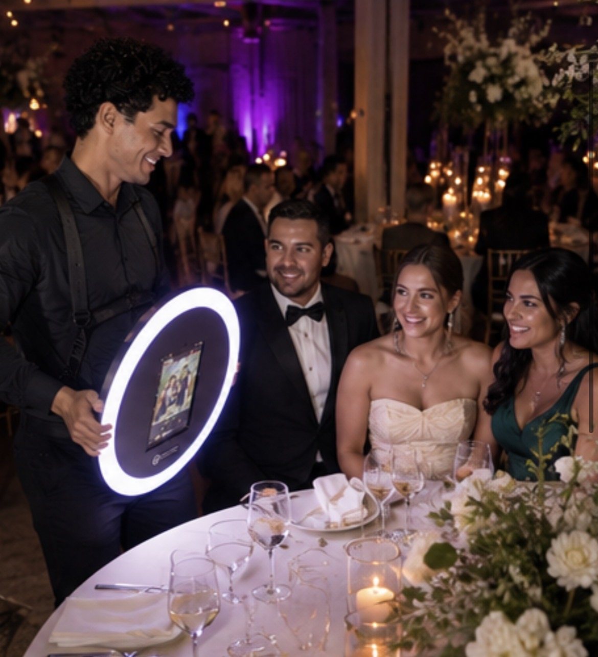 The Roamer photo booth attendant at an Austin wedding reception table